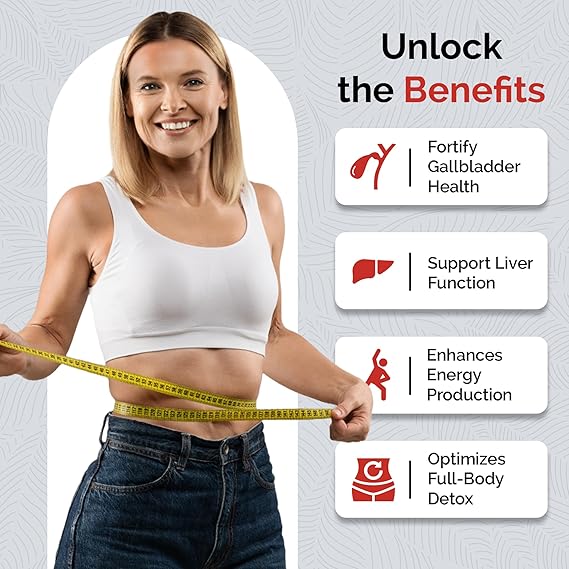 Woman measuring waist with text about health benefits on a gray background
