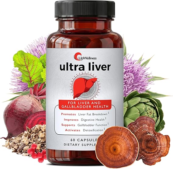 Supplement bottle labeled 'ultra liver' with health benefits on a white background