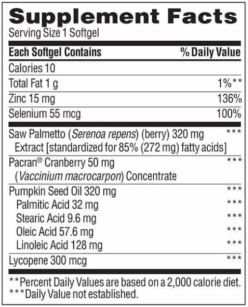 Supplement facts label for a product containing saw palmetto, pacran cranberry, pumpkin seed oil, and other ingredients.