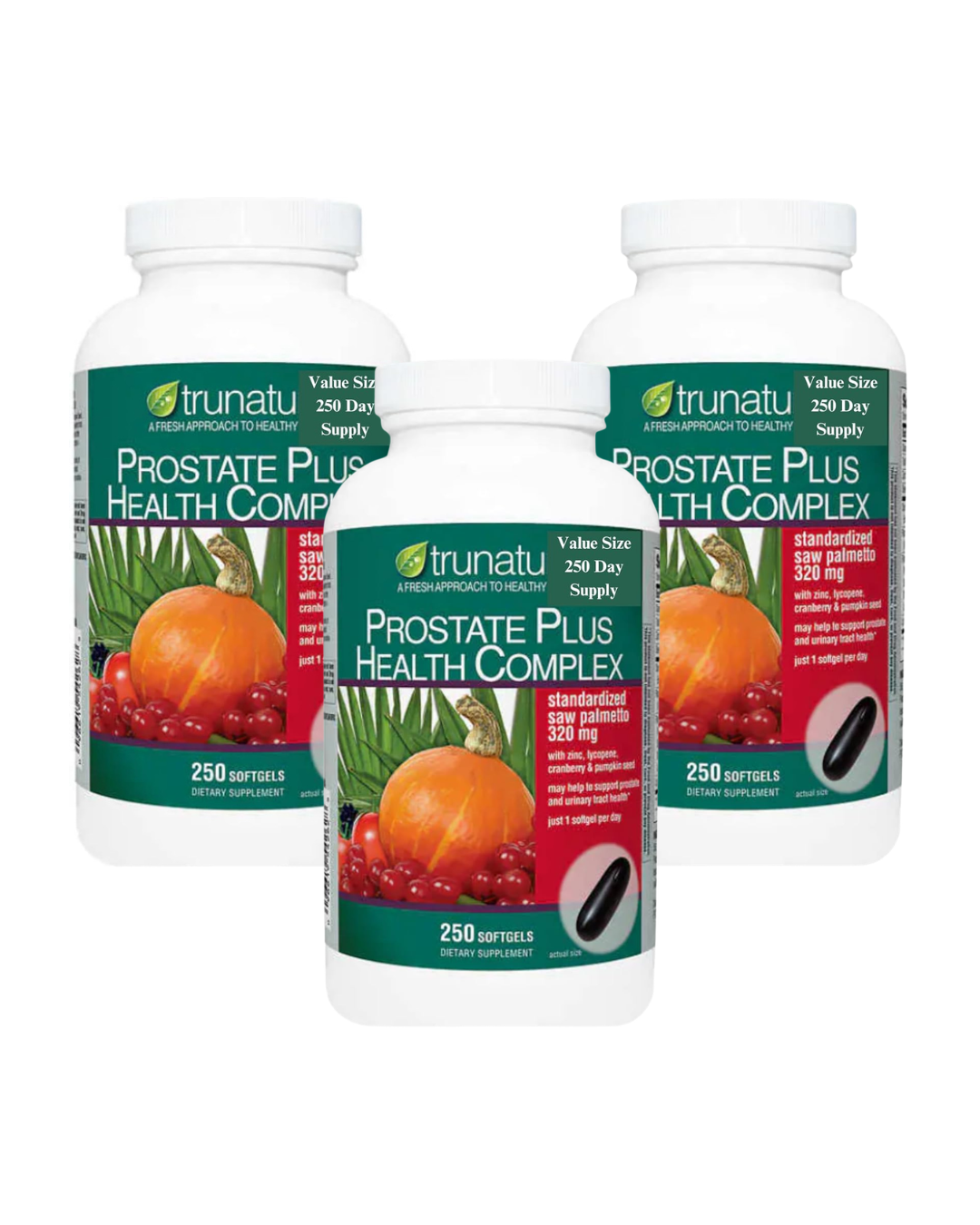 Three bottles of trunature Prostate Plus Health Complex on a white background