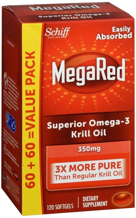 MegaRed Omega-3 Krill Oil supplement packaging with red and yellow design.