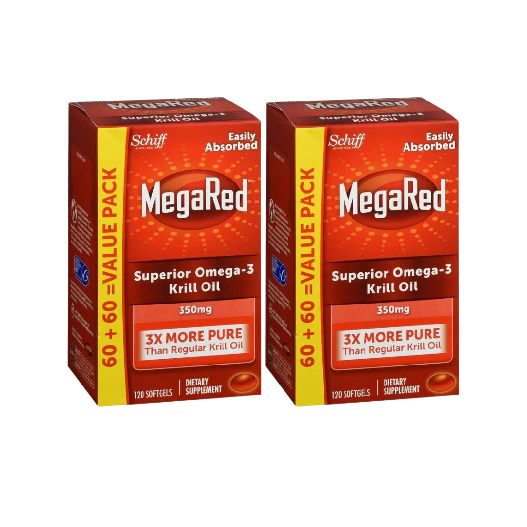 Two boxes of MegaRed Omega-3 Krill Oil supplement on a white background