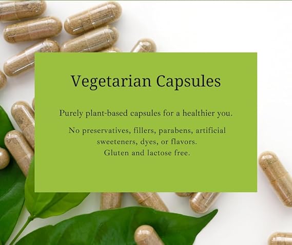 Vegetarian capsules with a green label on a white background with leaves.