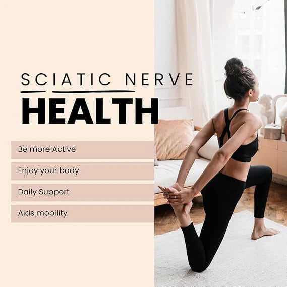 Woman practicing yoga in a living room with text on sciatic nerve health.
