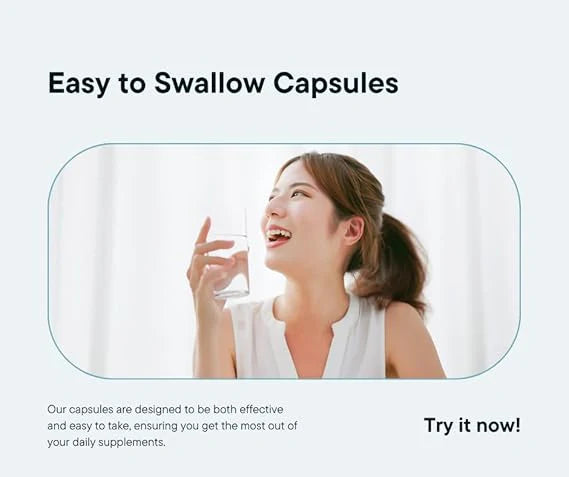 Woman holding a glass of water with text about easy to swallow capsules
