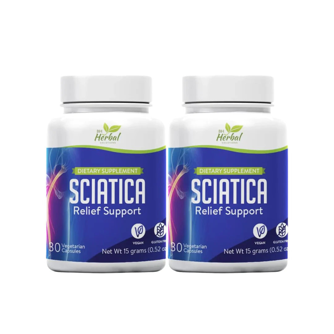 Two bottles of Sciatica Relief Support dietary supplement on a white background