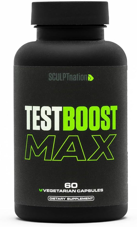 Black supplement bottle labeled 'TestBoost Max' by SculptNation on a white background