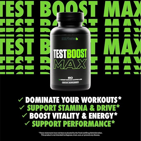 TestBoost Max supplement bottle with promotional text on a black and green background