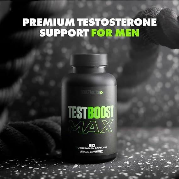 Supplement bottle labeled 'TestBoost Max' with text 'Premium Testosterone Support for Men' on a blurred background of a person lifting weights.