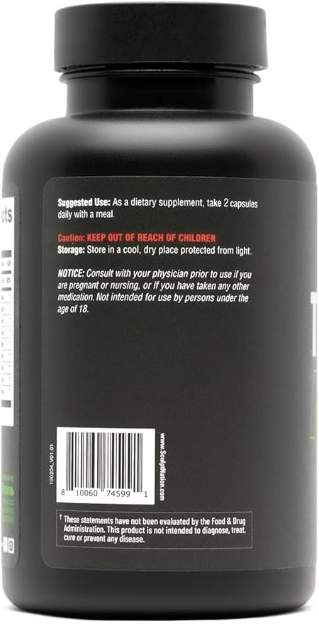 Black supplement bottle with text and a barcode on a white background