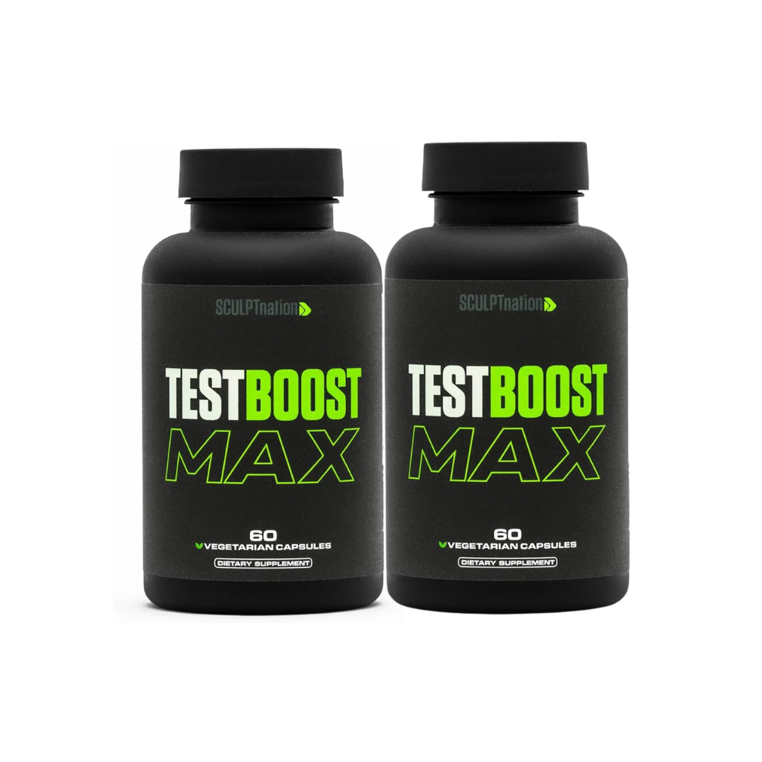 Two bottles of TestBoost Max dietary supplements on a white background