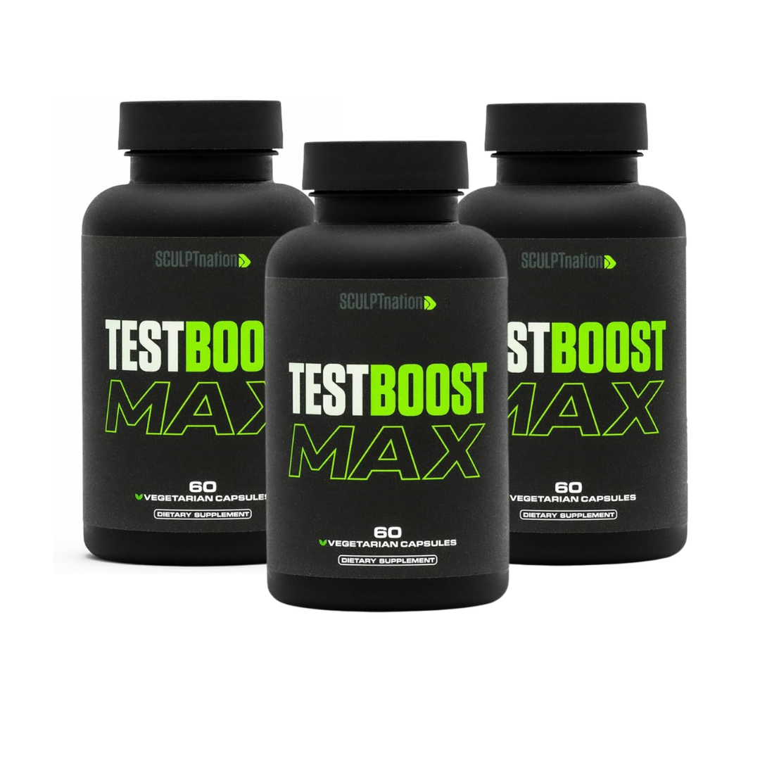 Three bottles of Test Boost Max dietary supplement on a white background