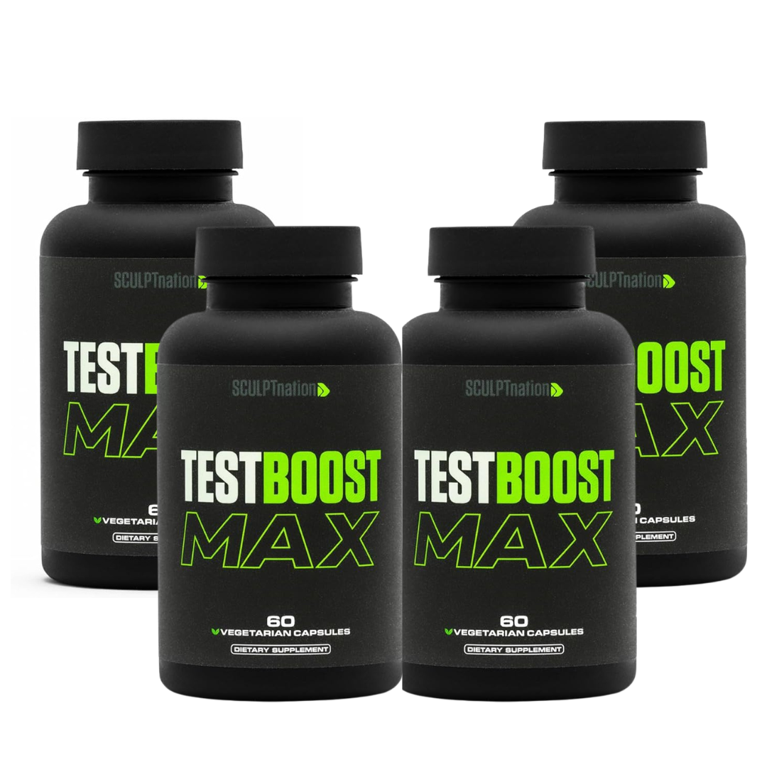 Four bottles of TestBoost Max dietary supplement on a white background