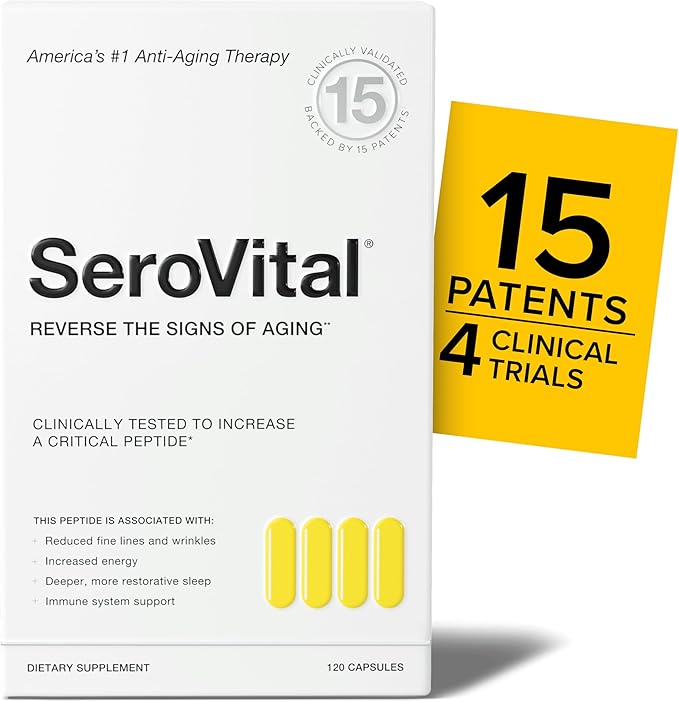 SeroVital dietary supplement packaging with a yellow insert highlighting 15 patents and clinical trials.