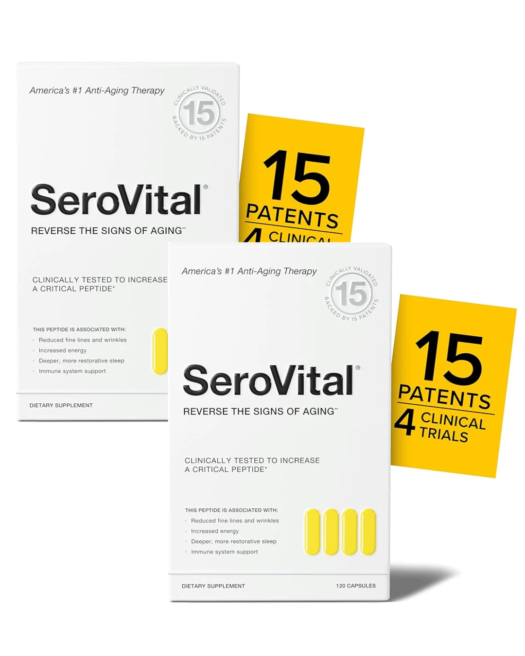 SeroVital dietary supplement packages with text about patents and clinical trials on a white background