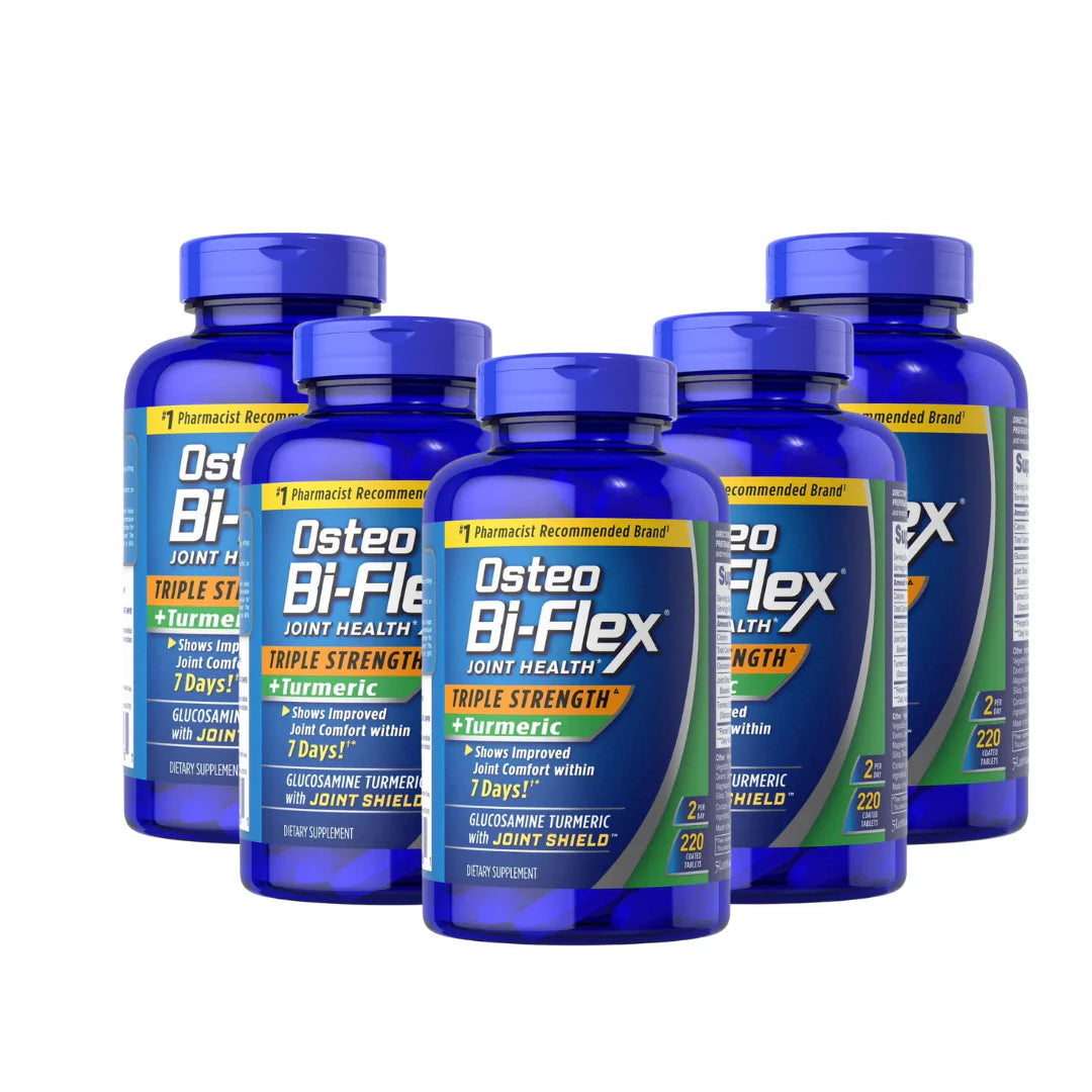 Multiple bottles of Osteo Bi-Flex joint health supplement on a white background
