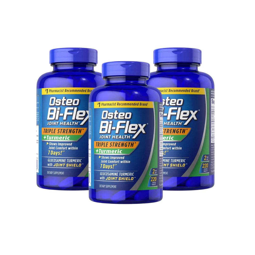 Three bottles of Osteo Bi-Flex Joint Health supplement on a white background