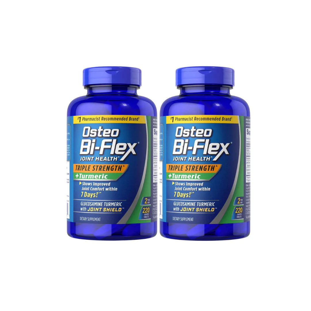 Two bottles of Osteo Bi-Flex Triple Strength Plus Turmeric on a white background