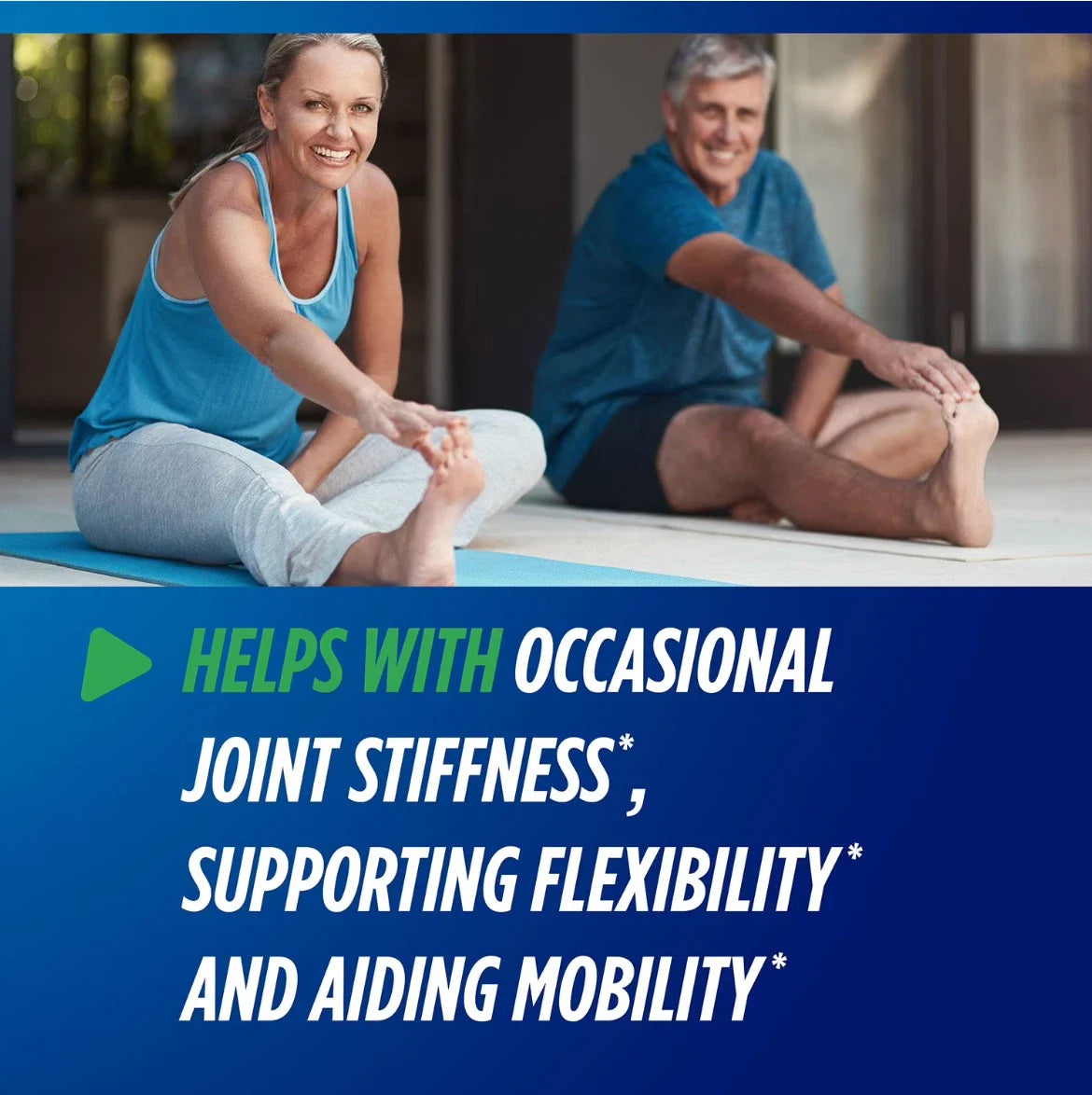 Two people stretching on yoga mats with promotional text about joint stiffness, flexibility, and mobility.