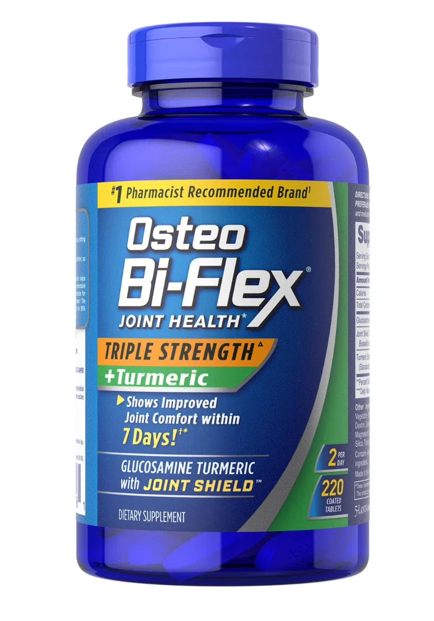 Blue bottle of Osteo Bi-Flex supplement on a white background