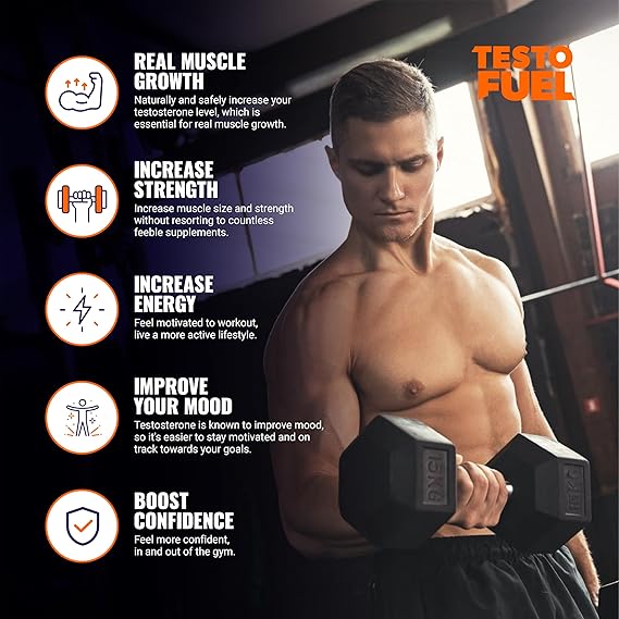 Man lifting weights with Testo Fuel product details on muscle growth, strength, energy, mood, and confidence.
