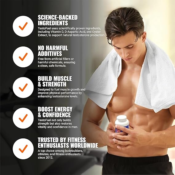 Man holding a supplement bottle with product features listed on the left
