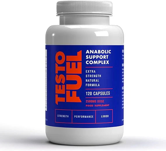 Bottle of Testo Fuel supplement on a white background