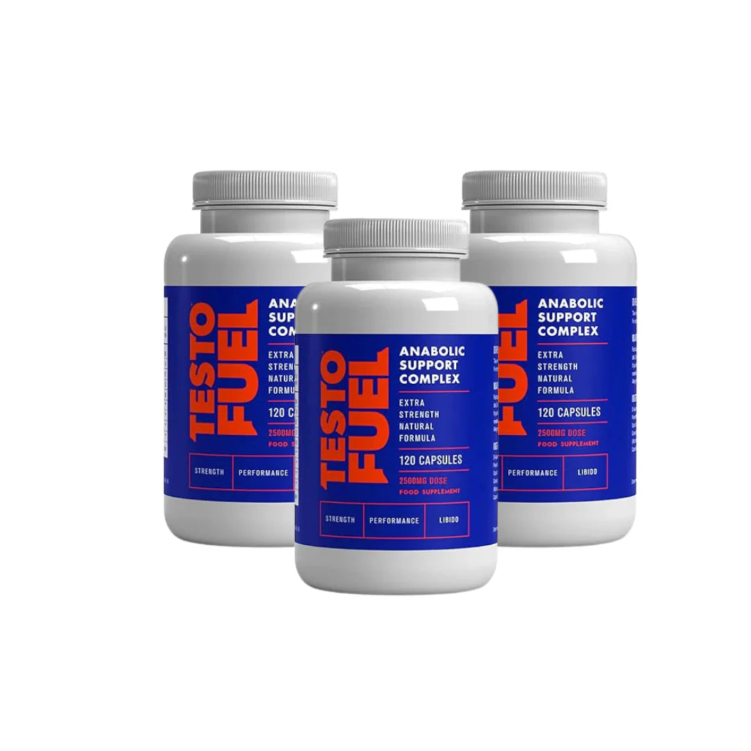 Three bottles of Testo Fuel supplements on a white background