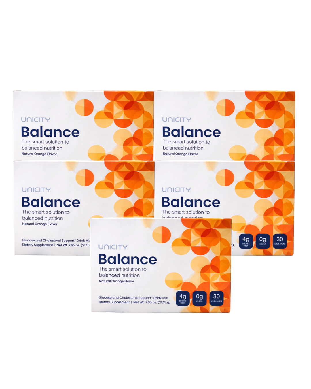 Unity Balance supplement boxes with orange and white design on a white background