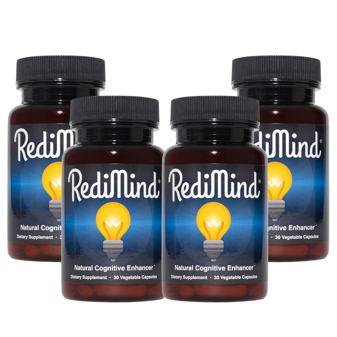 Four bottles of RediMind natural cognitive enhancer on a white background