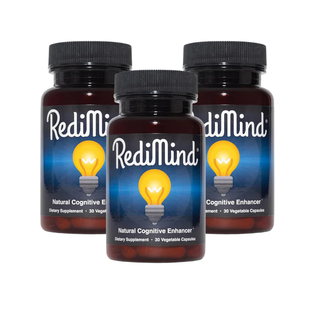 Three bottles of RediMind cognitive enhancer supplement on a white background