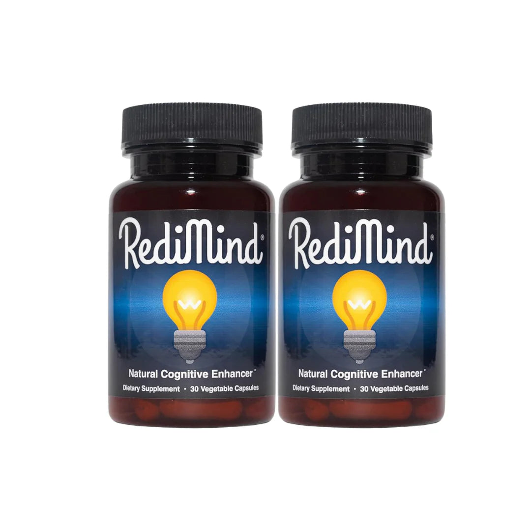 Two bottles of RediMind natural cognitive enhancer on a white background