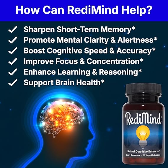 Advertisement for RediMind cognitive enhancer with brain illustration and product bottle.