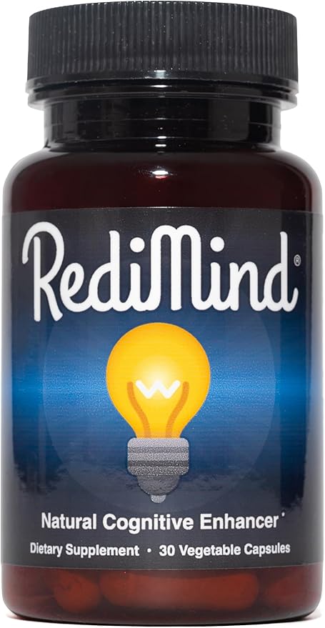 Bottle of RediMind natural cognitive enhancer supplement with a light bulb icon on a blue background.