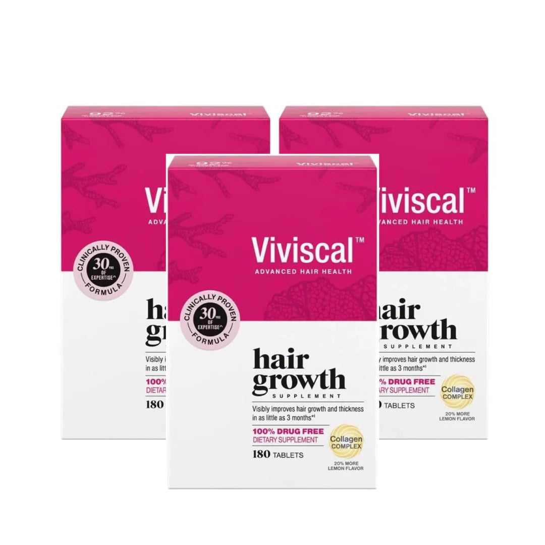Three boxes of Viviscal hair growth supplement on a white background