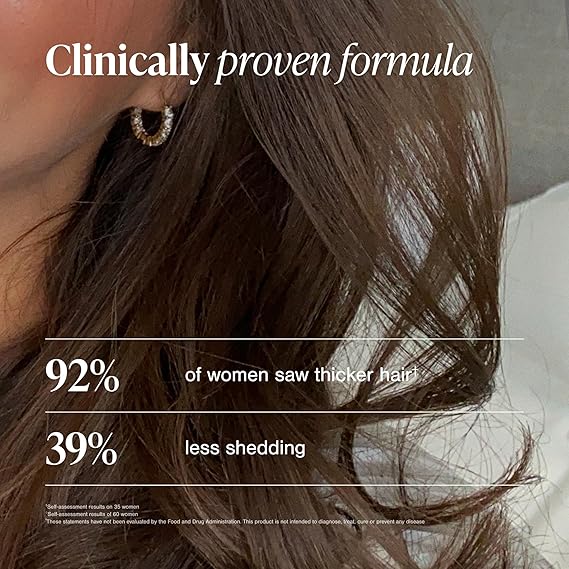 Close-up of a woman's hair with text about clinically proven hair formula results.