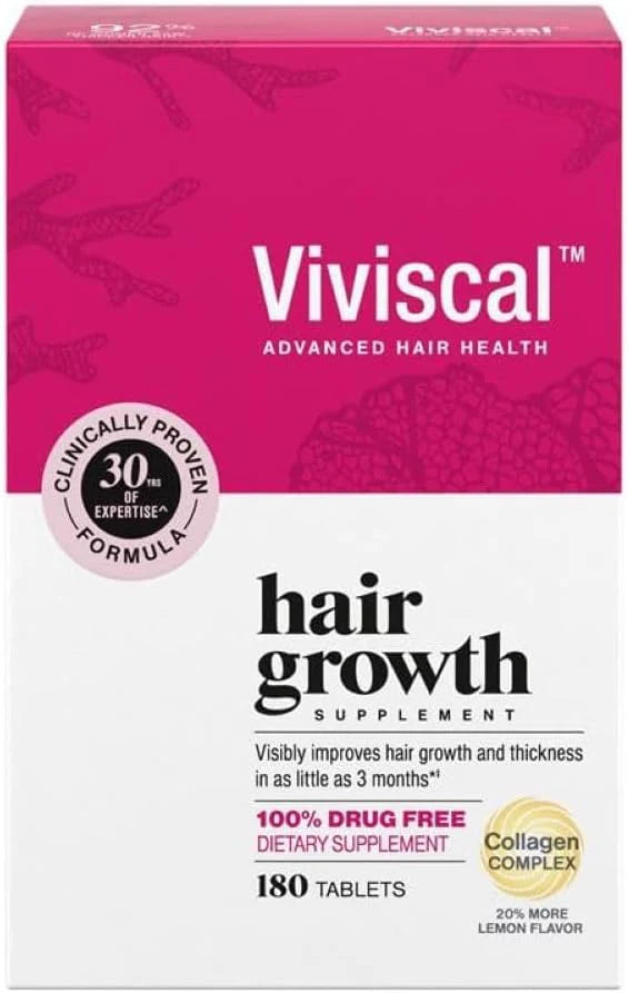 Viviscal hair growth supplement box with pink and white design