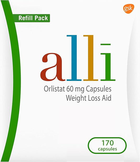 alli weight loss aid refill pack with GSK logo on a white background