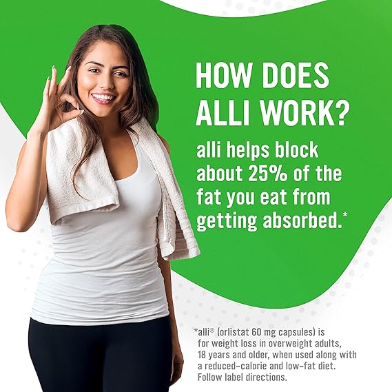 Woman with a towel over her shoulder, posing against a green and white background with text about Alli.