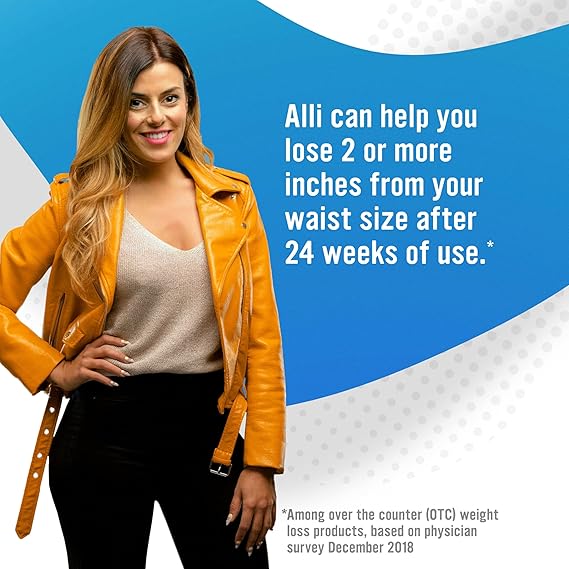 Woman in yellow jacket with weight loss product claim text on blue and white background