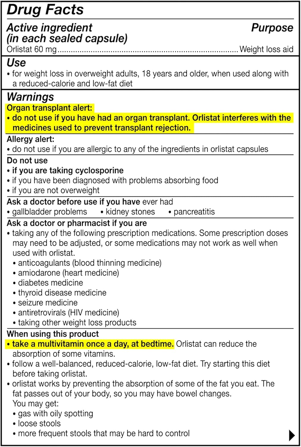 Drug facts label for a weight loss aid capsule with warnings and instructions.