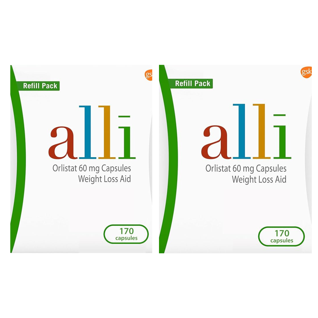 Two boxes of alli weight loss aid capsules on a white background
