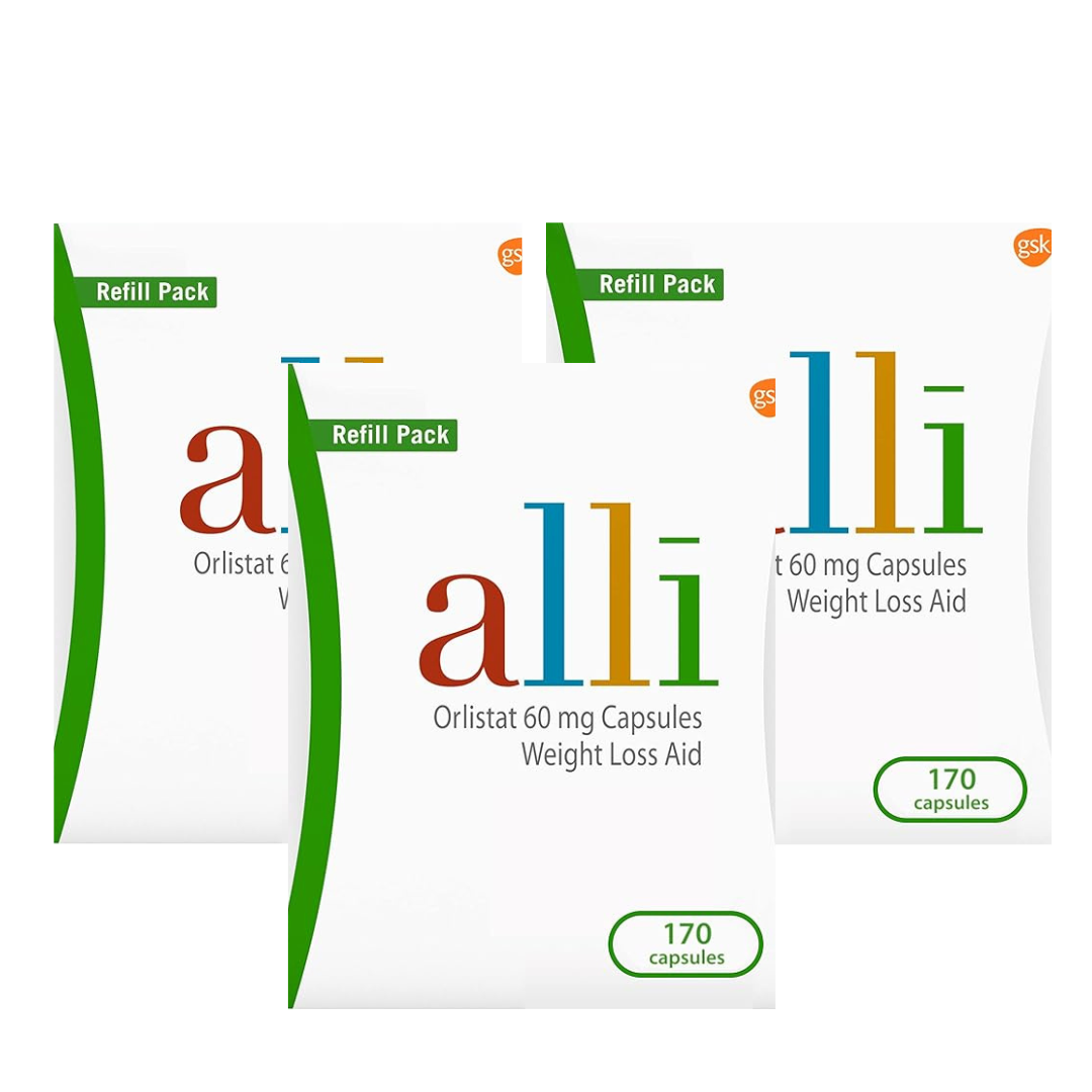 Three boxes of Alli weight loss aid on a white background
